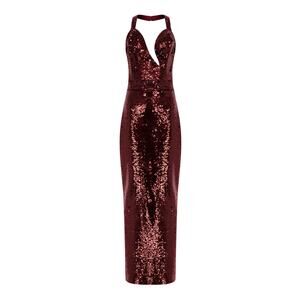 Ilkyaz Ozel 'Manon' Red Polyester Halter-Neck Sequin Maxi Dress Size 38